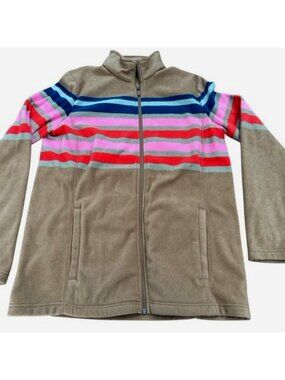 Lands End Medium 10 12 Tall Tan Brown Blue Pink Striped Full Zip Jacket Coat EUC